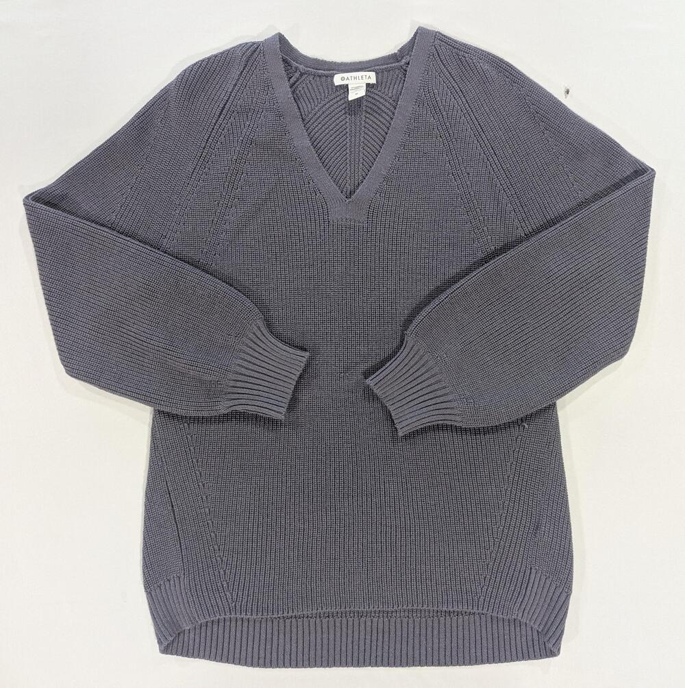Athleta Sweater Womens M Gray V-Neck Chunky Knit Merino Wool Pullover Warm